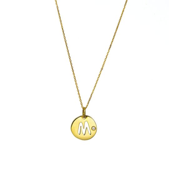 Colgante inicial letra M de oro amarillo y diamante